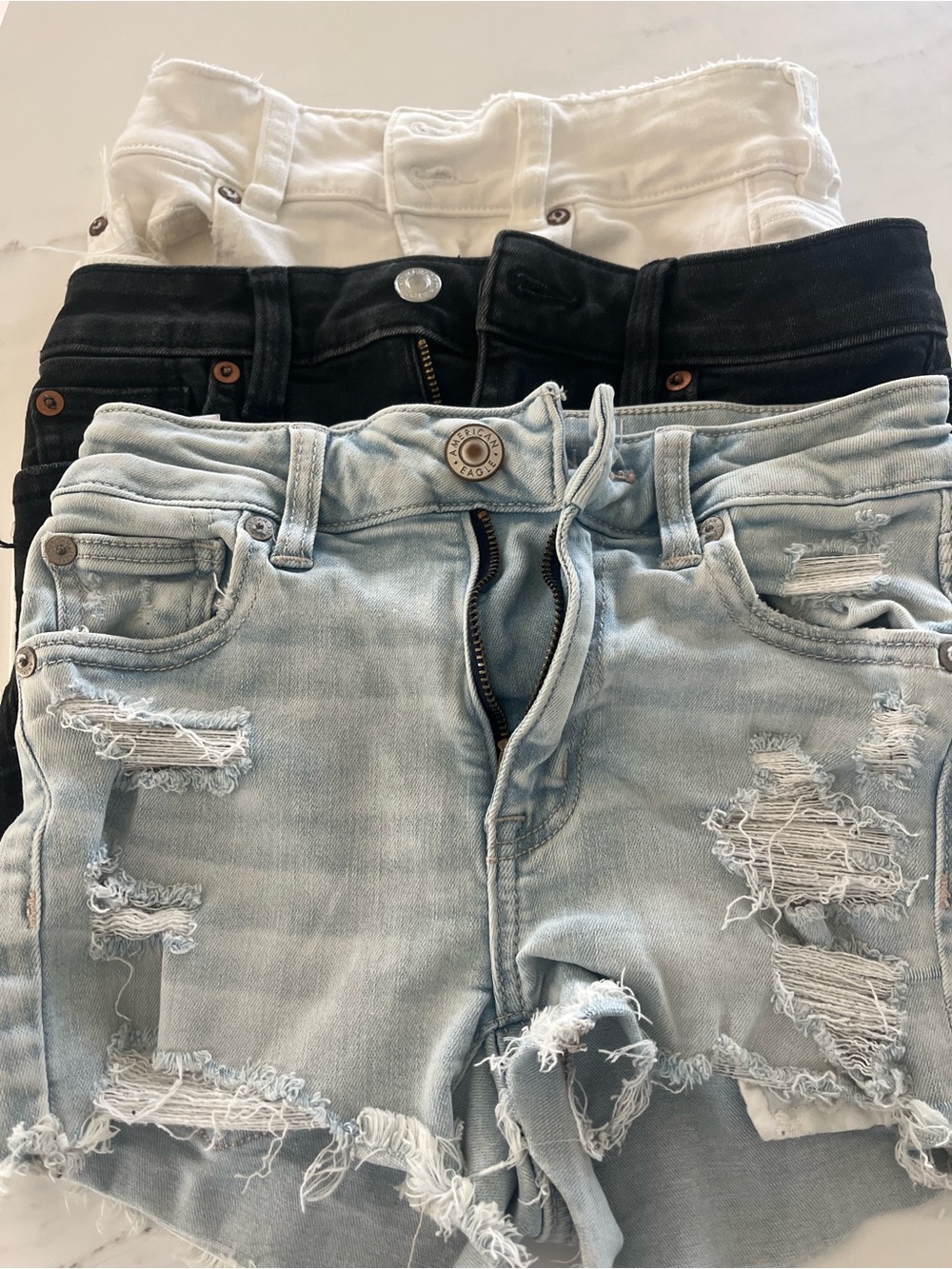 3 Pairs AmericaEagle Outfitters Distressed Light Blue, Black & White Denim Short